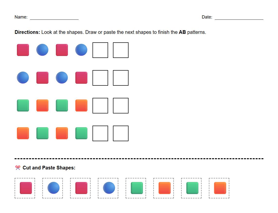 AB Pattern Building Worksheet with Squares and Circles