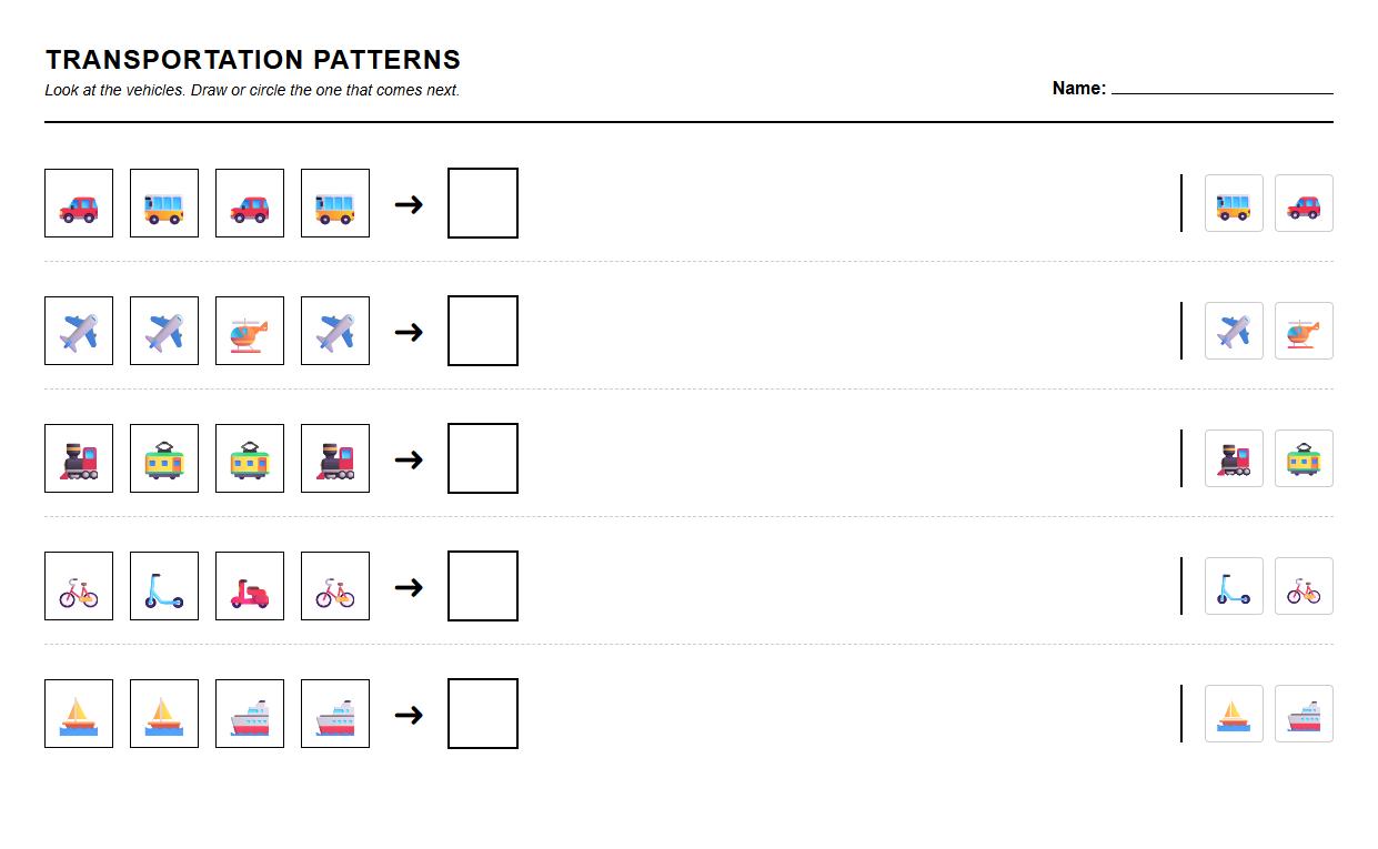 ABC Sequencing Pattern with Transportation Worksheet