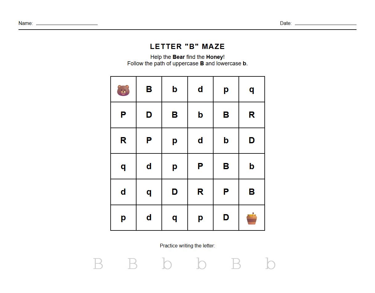 Alphabet Recognition Maze Worksheet for Phonics Skills