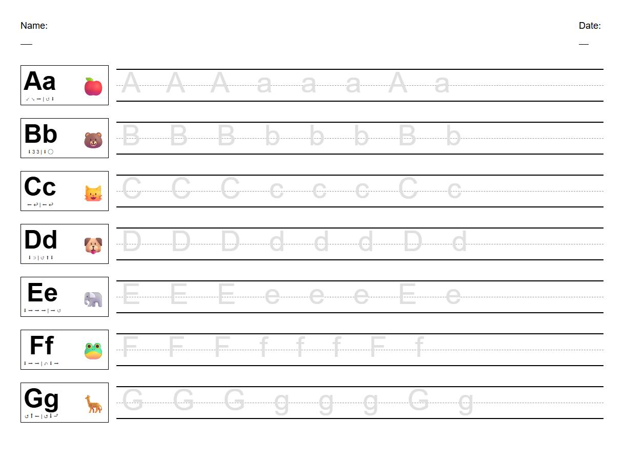 Alphabet tracing worksheet with directional arrows for handwriting technique