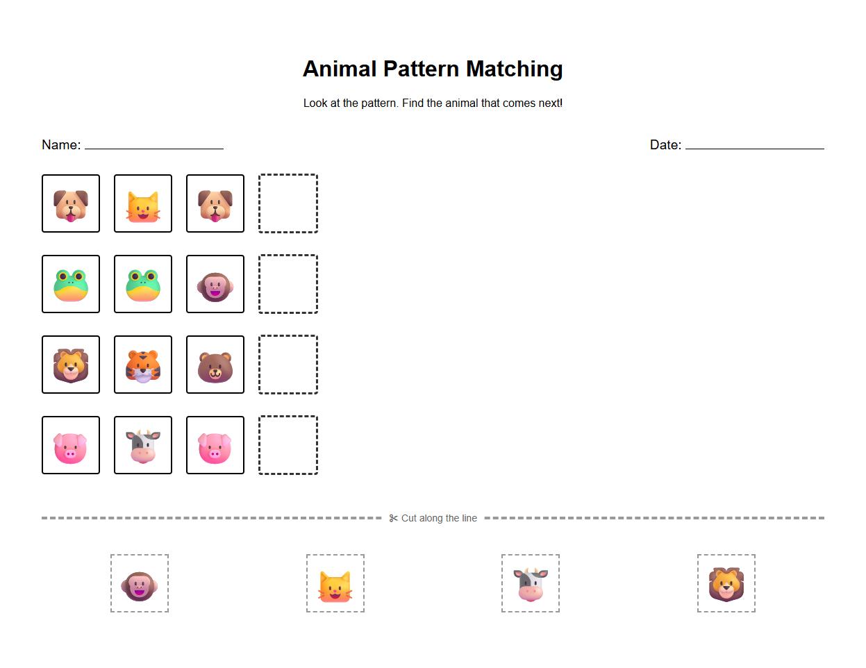Animal Image Pattern Matching Worksheet