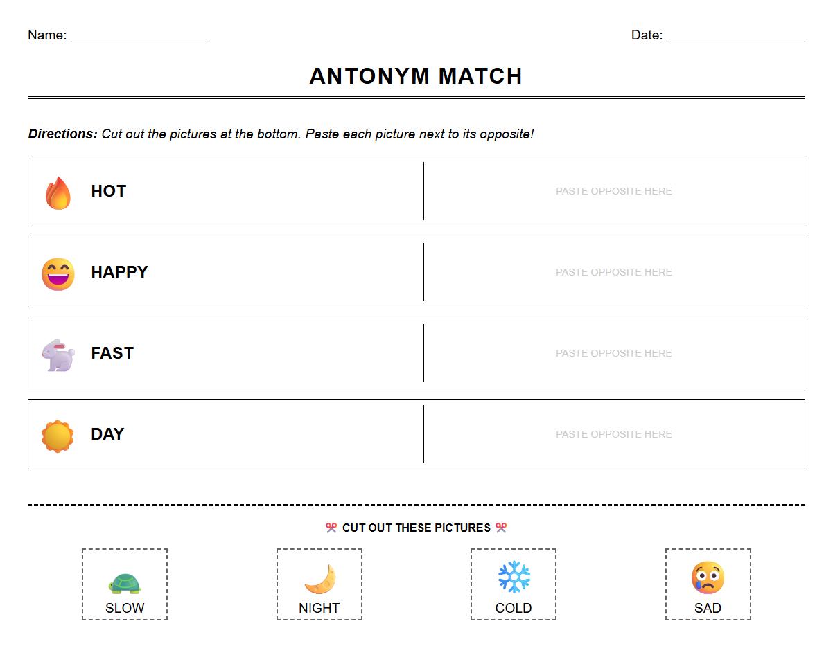 Antonym Picture Sorting Literacy Activity