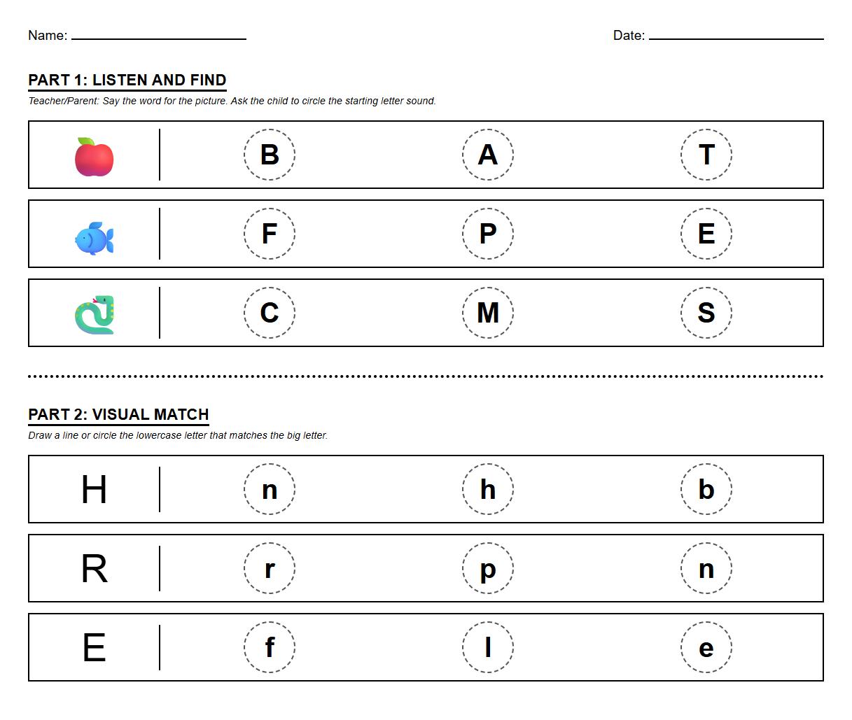 Auditory discrimination and visual matching worksheet for alphabet letters