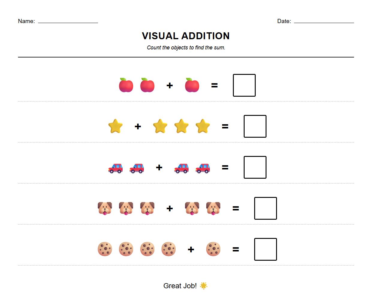 Basic Addition Worksheet Incorporating Manipulatives Visualization