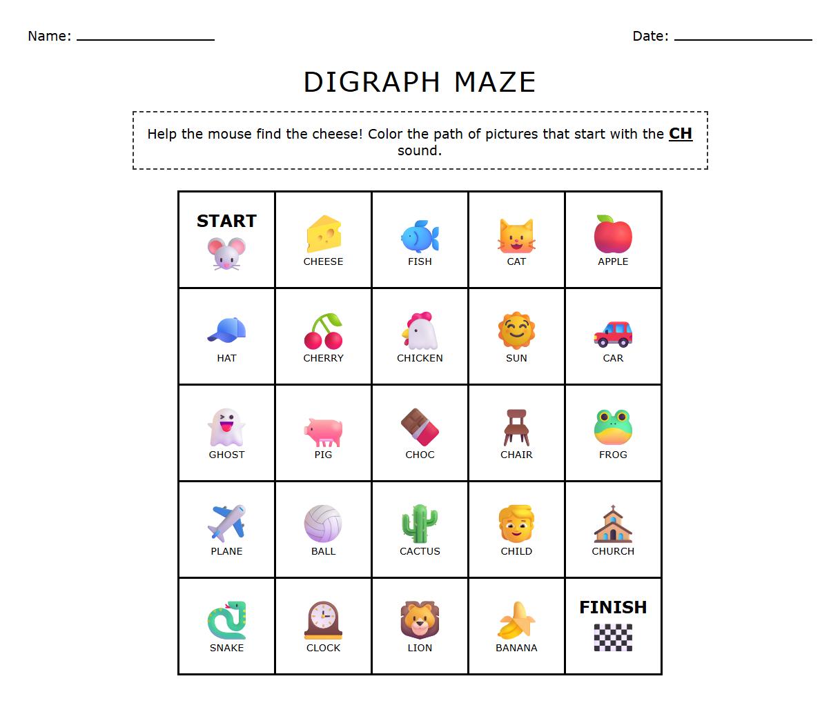 Beginning Digraph Sound Following Maze Worksheet