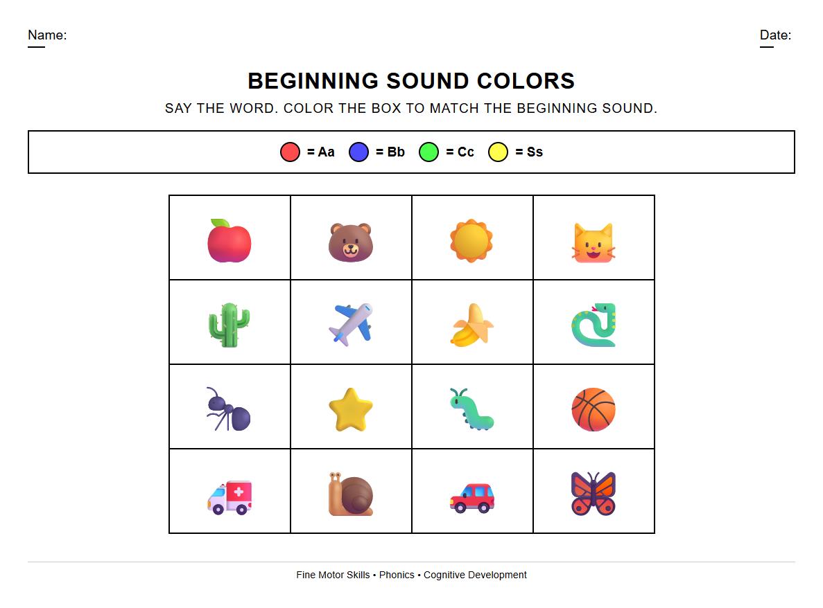 Beginning Letter Sound Color by Number Phonics Worksheet