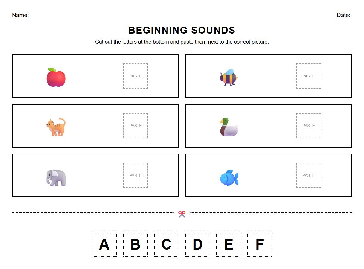 Beginning Sounds Phonics Puzzle Cut and Paste Worksheet for Kindergarten