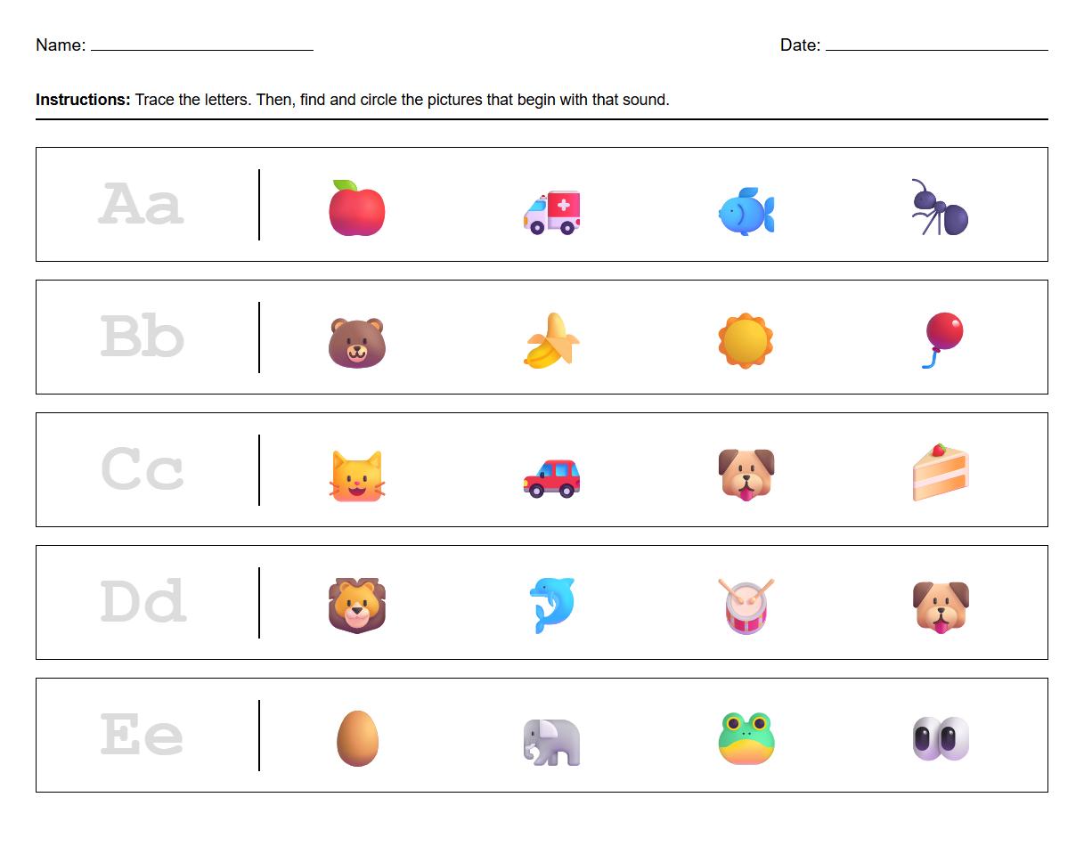 Beginning sounds picture tracing worksheets