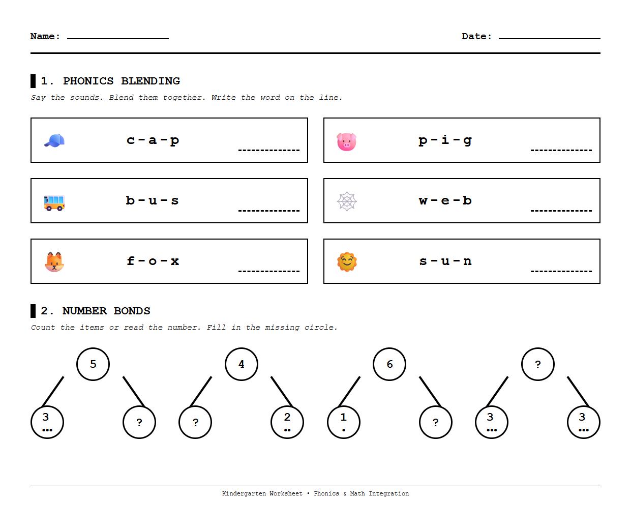 Blending Phonics and Number Bonds Worksheet