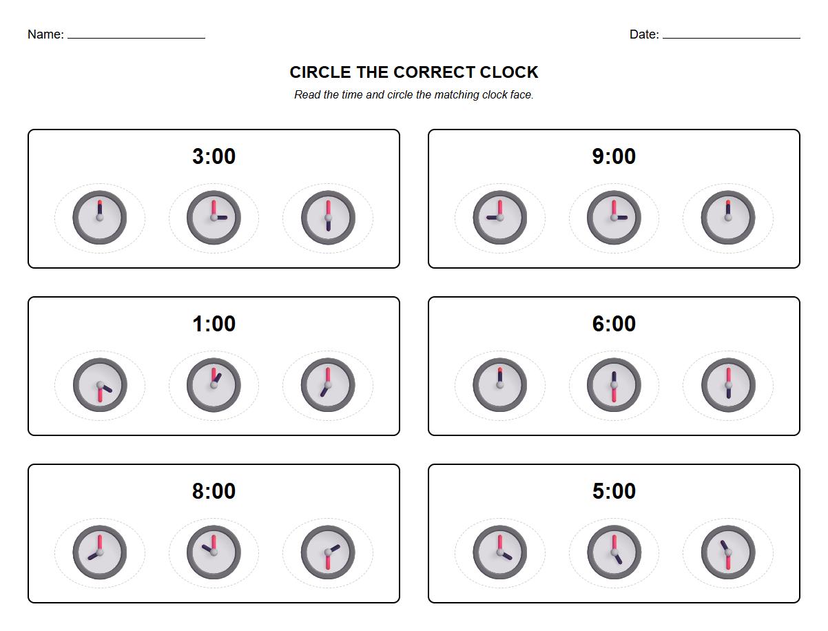 Circle the Correct Clock Phonics Activity Kindergarten
