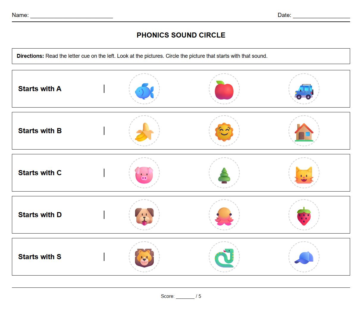 Circle the Correct Image Based on Phonics Direction Cues