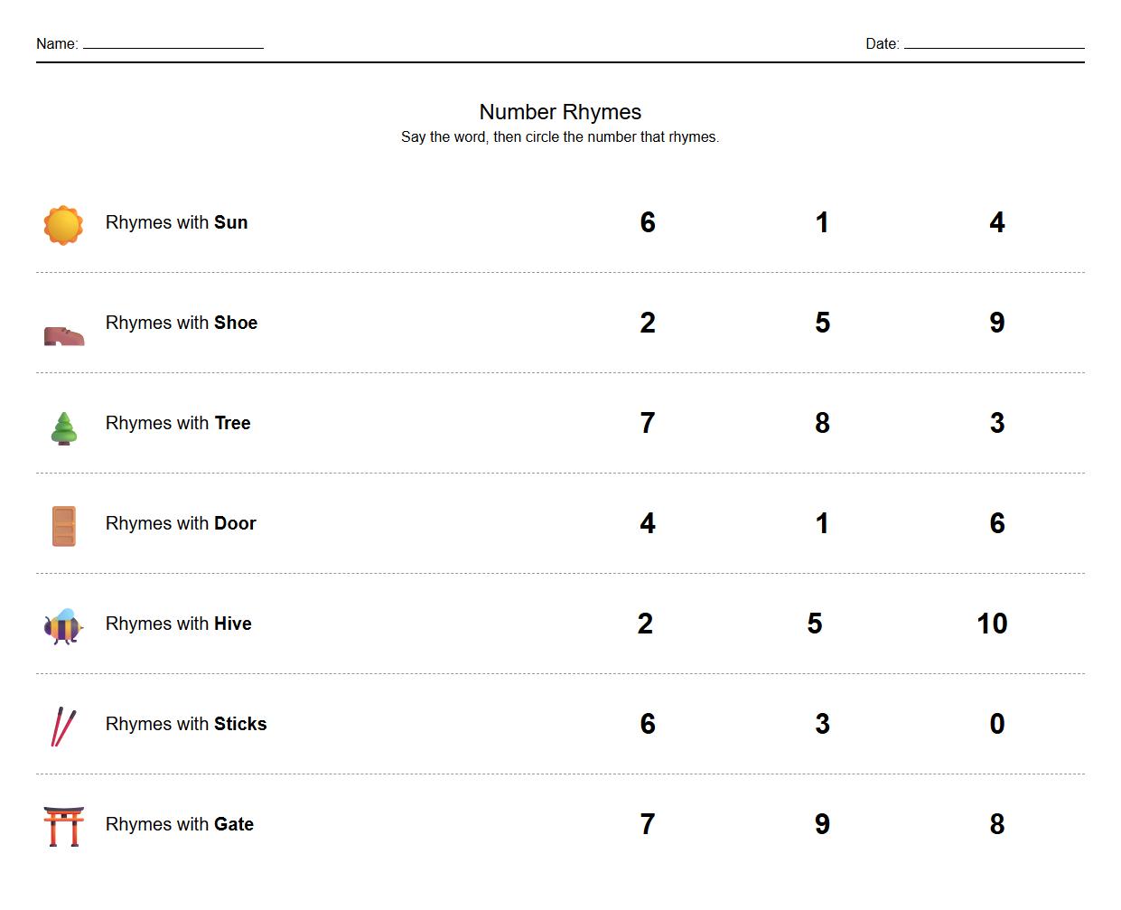 Circle the correct number based on phonics sound cues