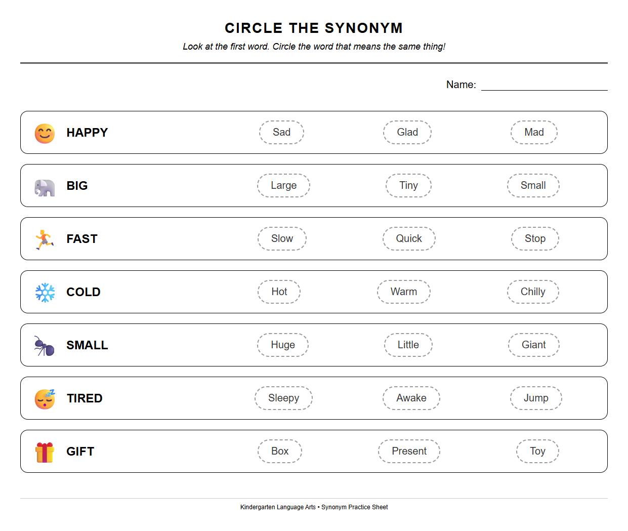 Circle the Correct Synonym Game Sheet