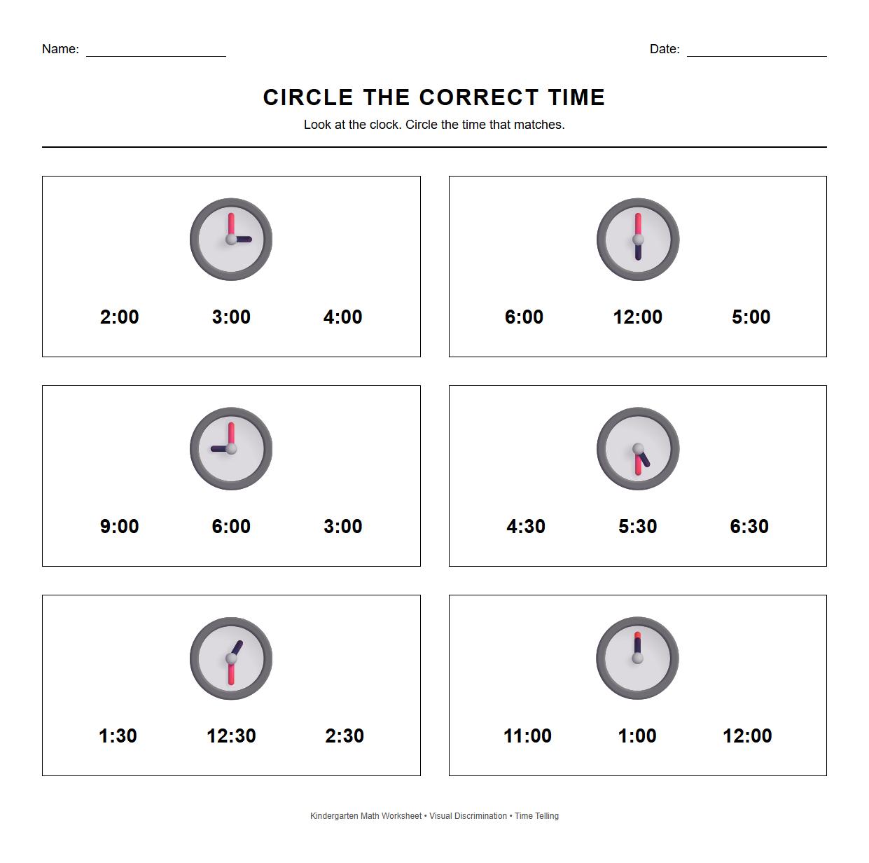 Circle the Correct Time Visual Discrimination Worksheet