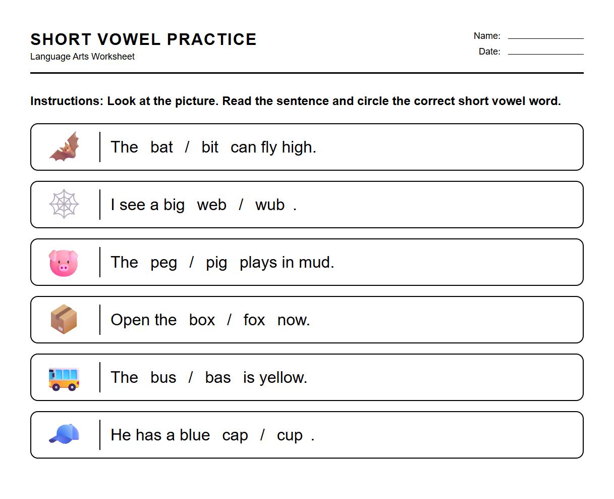 Circle the Short Vowel Word in Sentences Worksheet