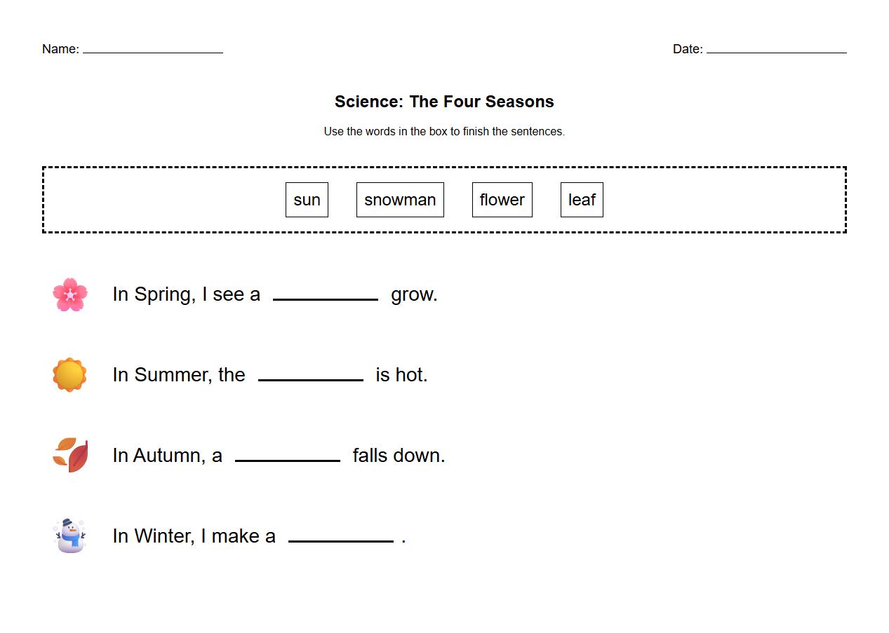 Cloze Passage Worksheet focused on Seasonal Vocabulary