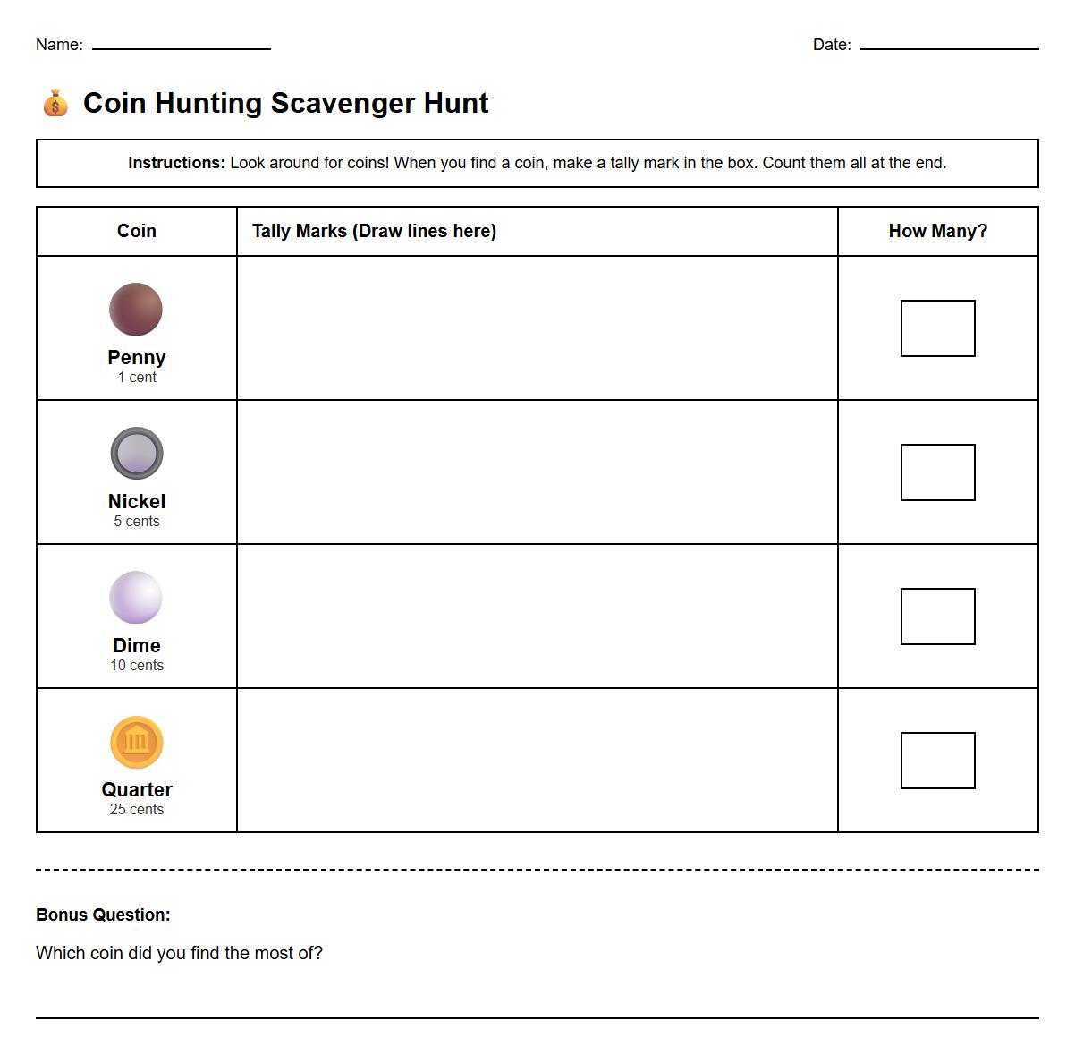 Coin Hunting Scavenger Hunt Worksheet