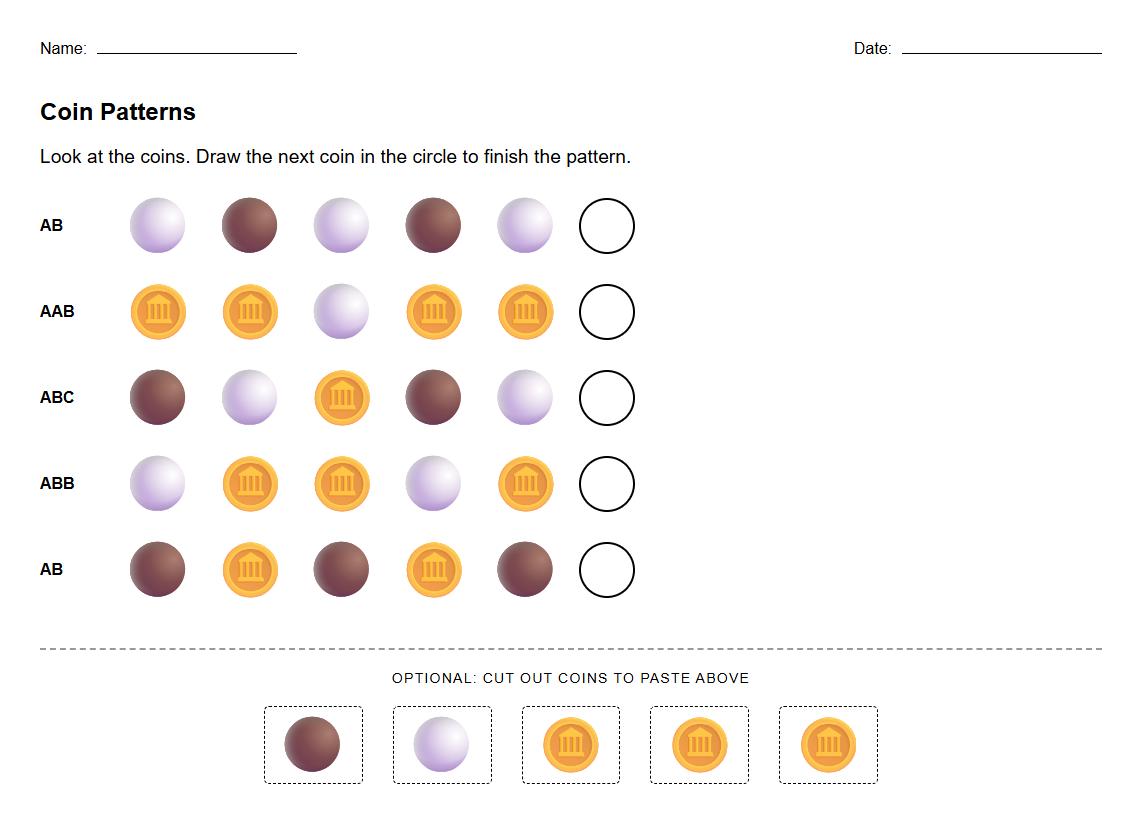 Coin Patterning Exercise for recognizing and creating AB or ABC patterns