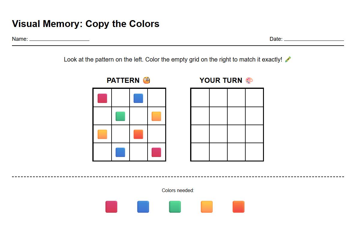 Color Based Visual Memory Grid Worksheet