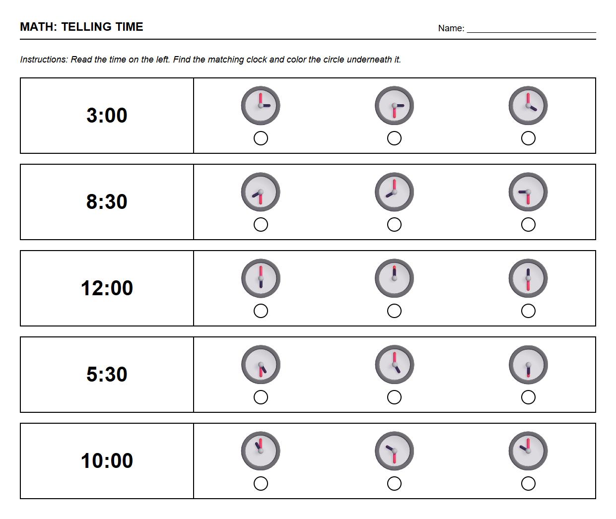 Color the Correct Clock for Hour and Half Hour Identification