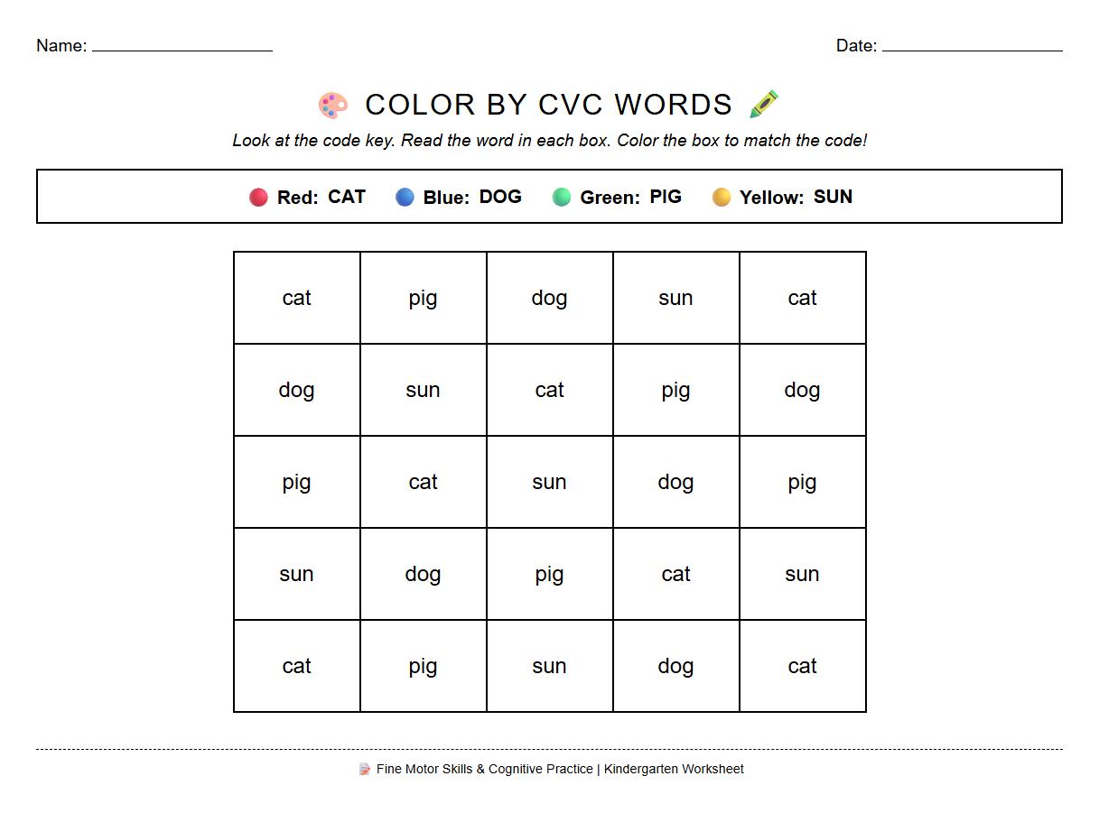Color by CVC Words Code Activity for Kindergarten