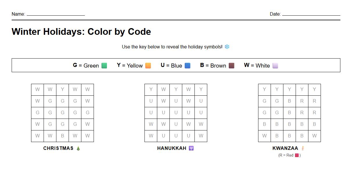 Color by letter code using Winter Holidays scenes