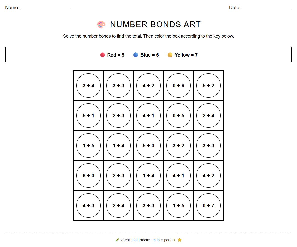 Color by Number Worksheet reinforcing Number Bonds