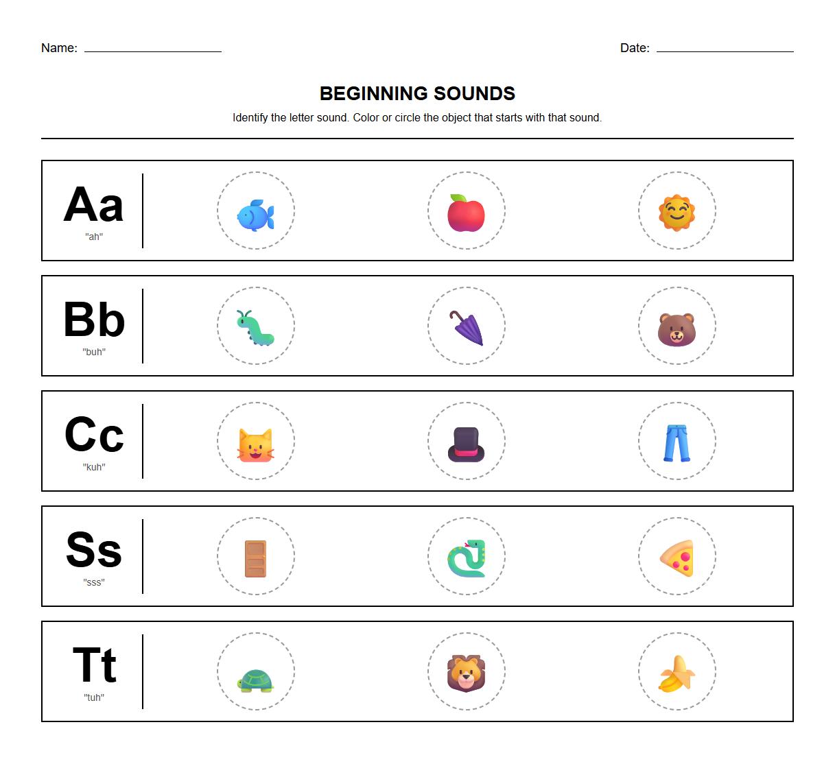 Color the Object with Matching Beginning Phonics Sound