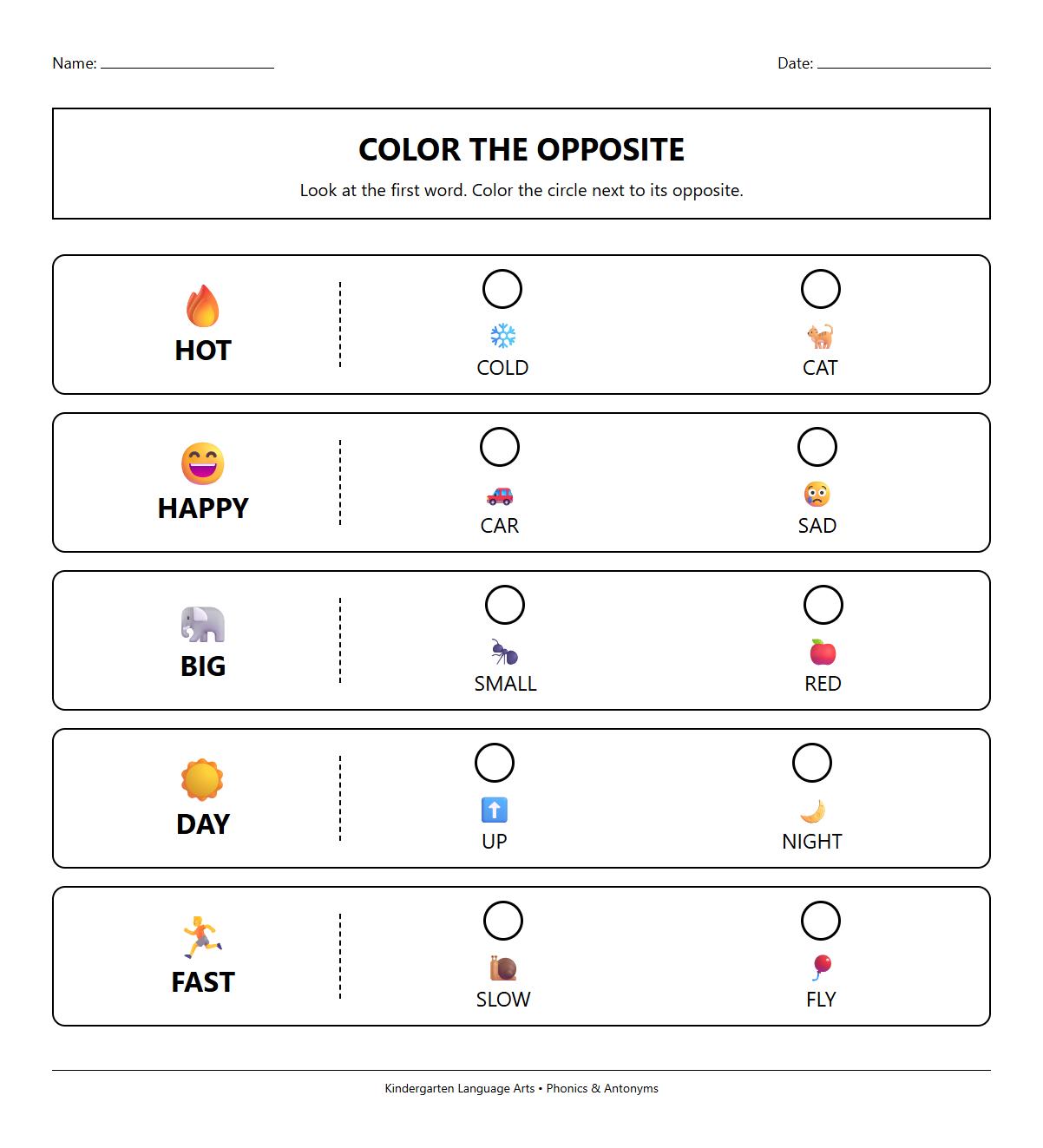 Color the Opposite Word Phonics Worksheet