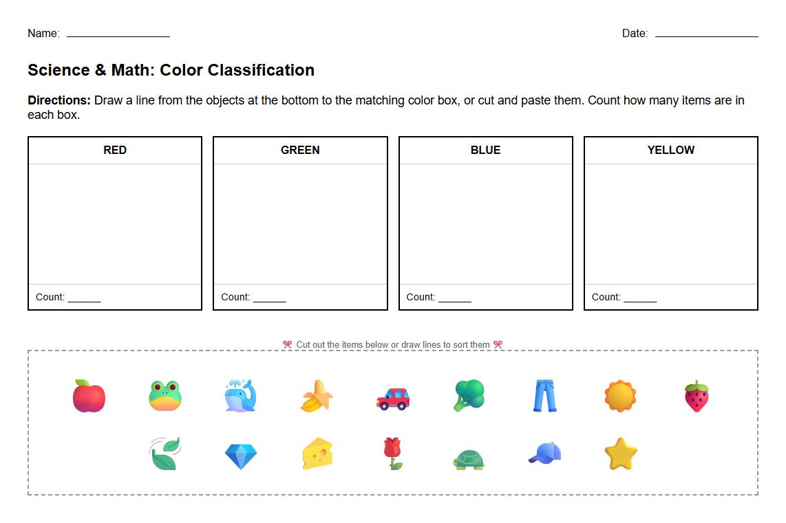 Color Sorting and Classification Worksheet for Science Observations