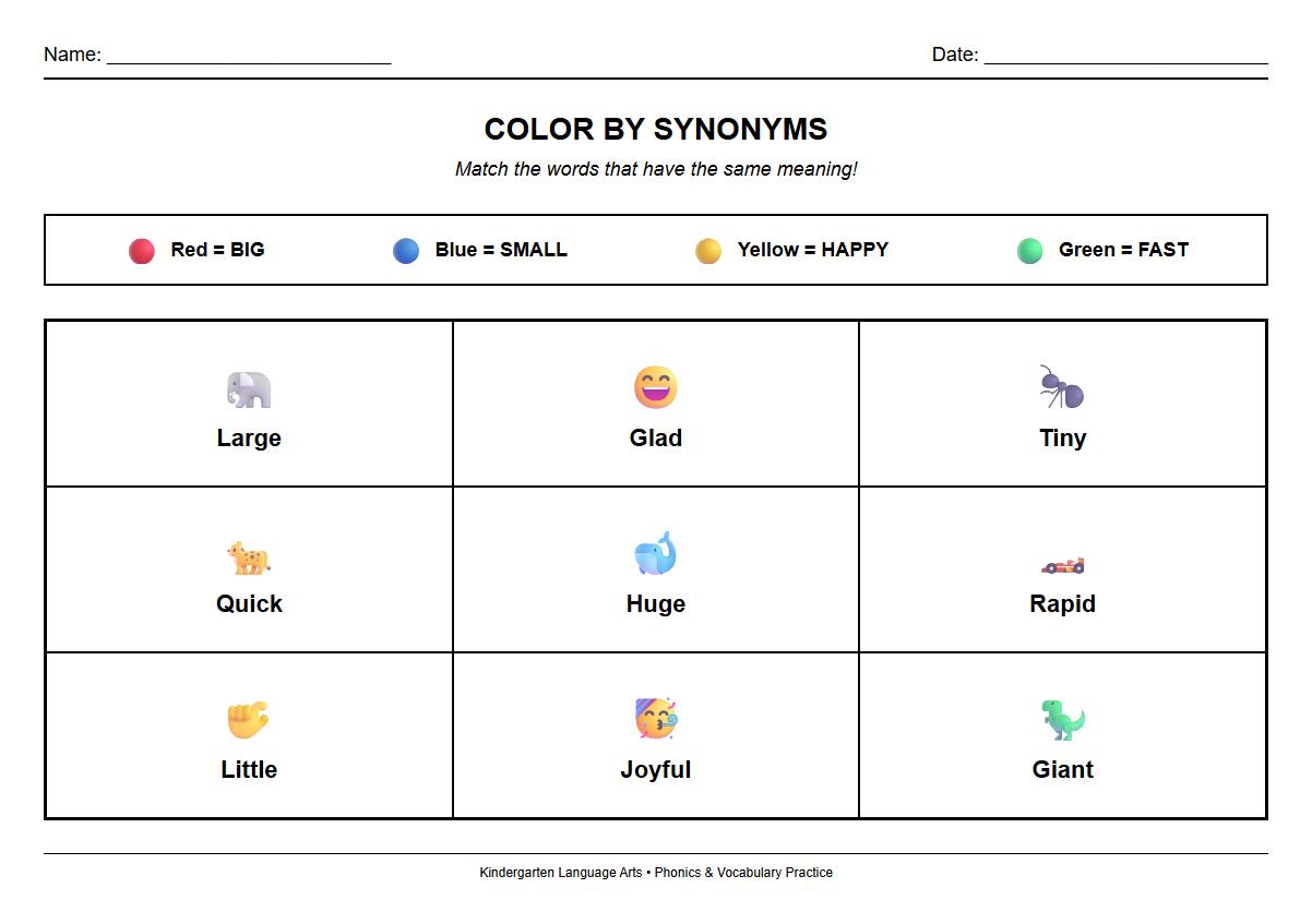 Color by Synonyms Phonics Worksheet