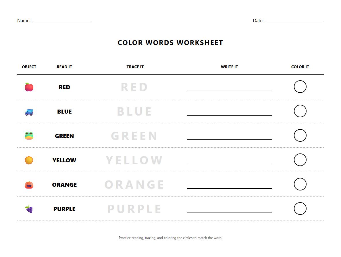 Color Word Recognition and Formation Worksheet