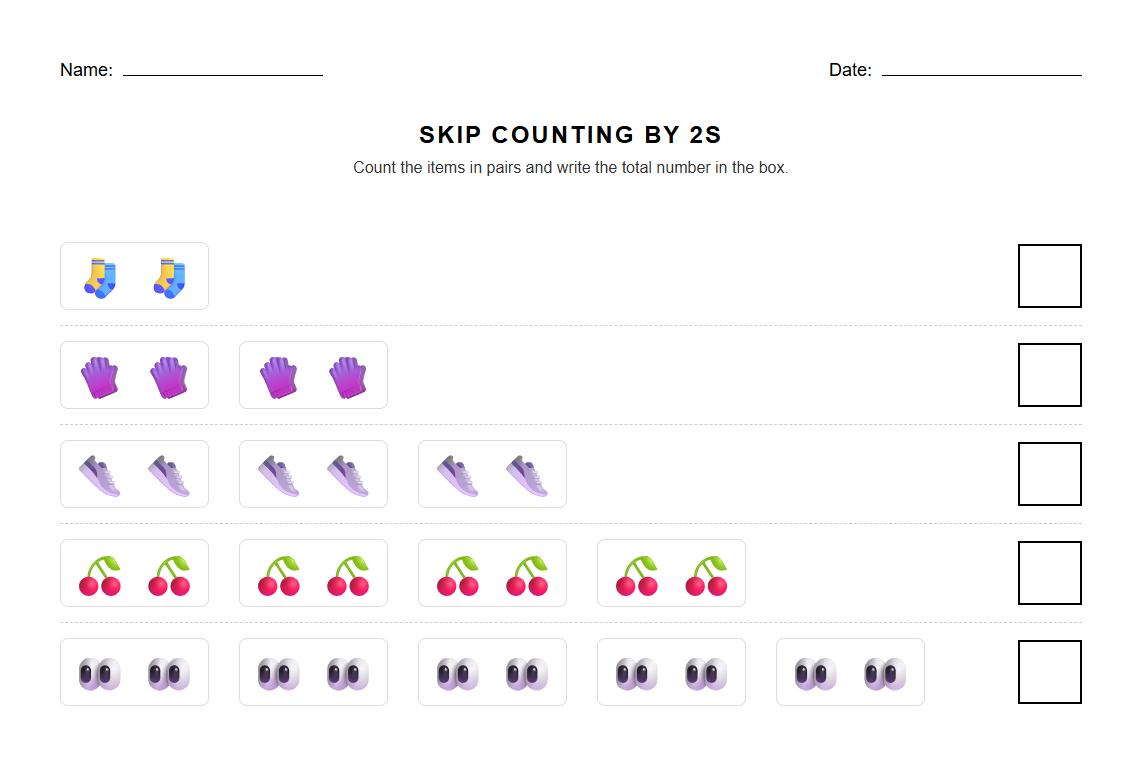 Coloring Objects in Pairs Skip Counting by 2s Exercise