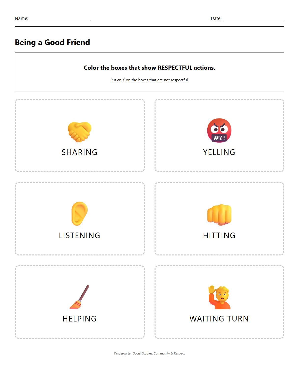 Coloring worksheet highlighting respectful actions