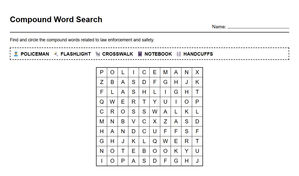 Compound Word Search Including Law Enforcement Vocabulary