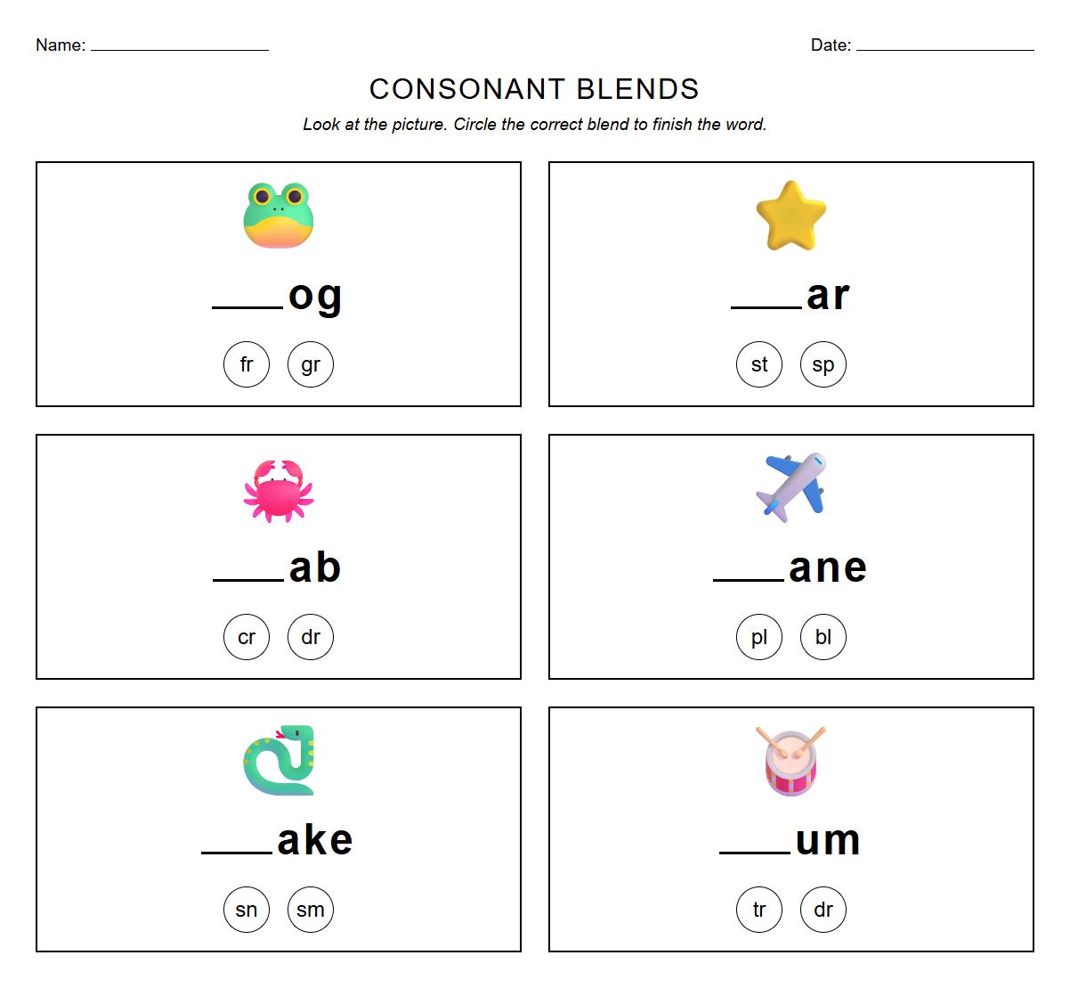 Consonant Blends Fill in the Blank Activity