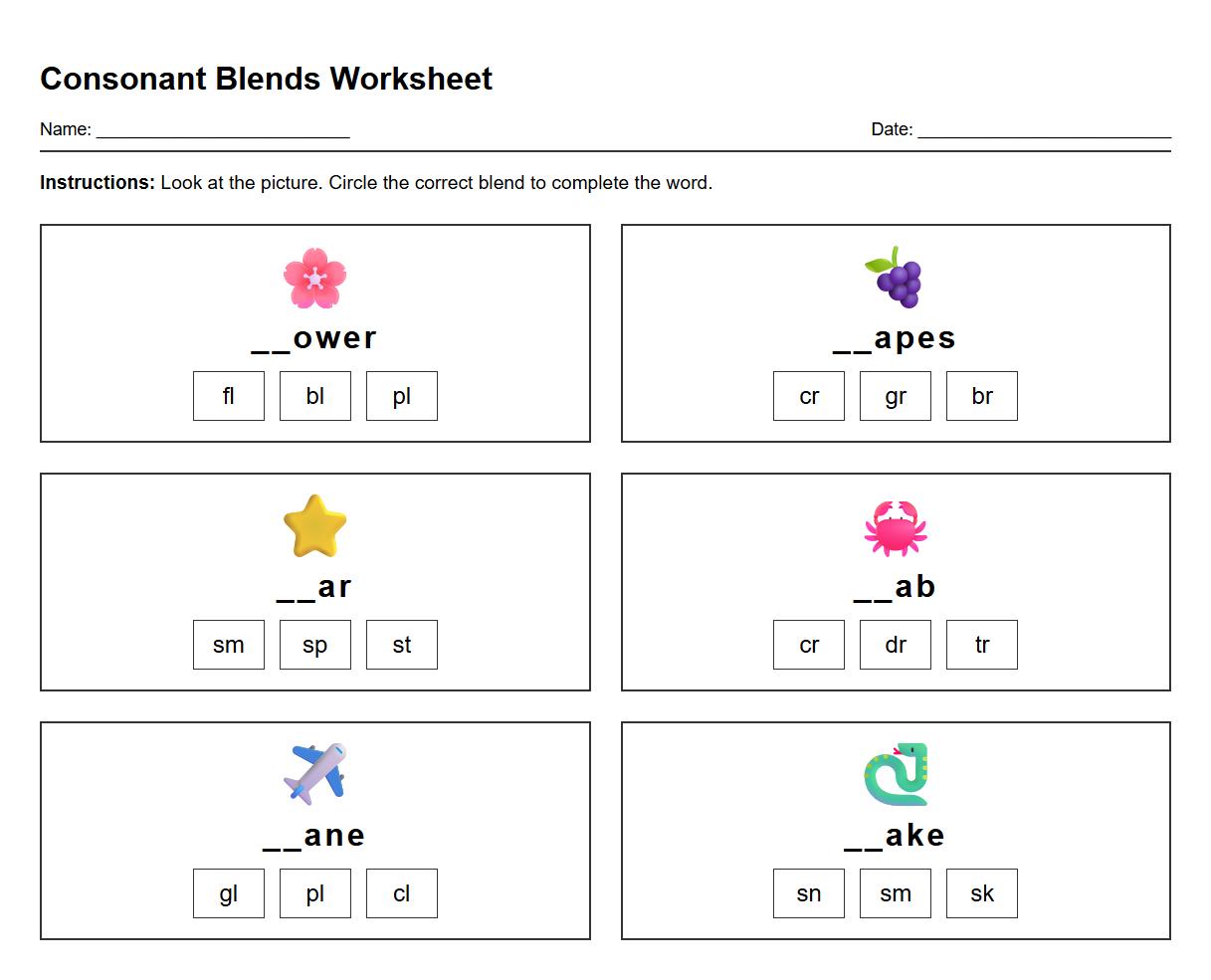 Consonant Blends Sound Recognition Worksheet