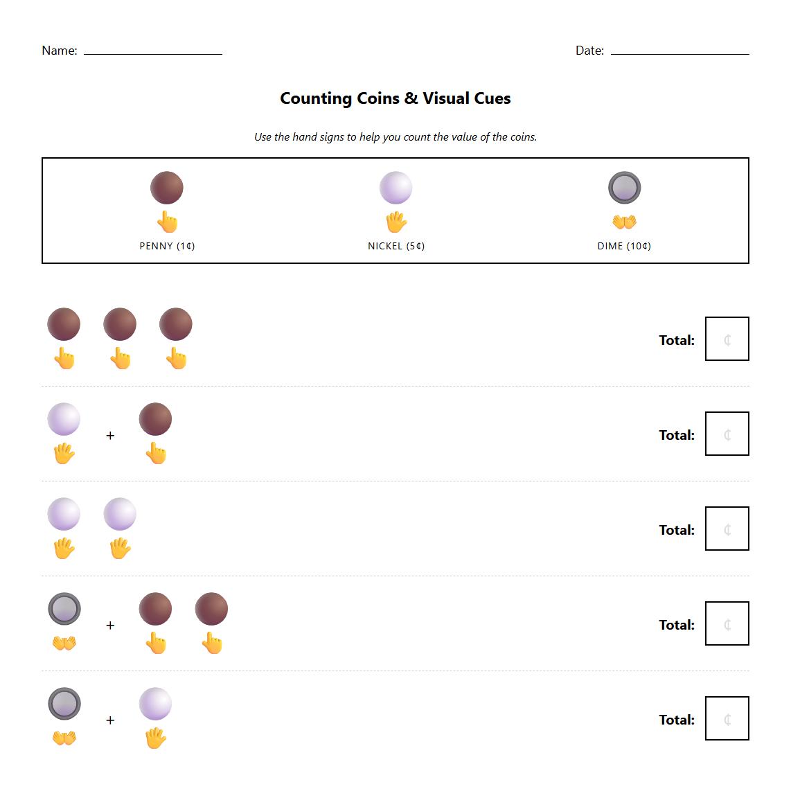 Counting Coins Using Visual Phonics Cues Worksheet
