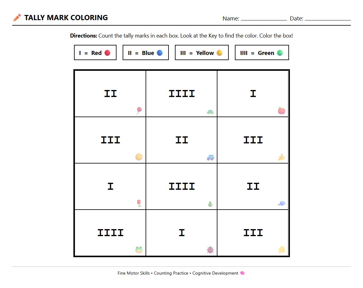 Counting Tally Marks Color by Number Worksheet