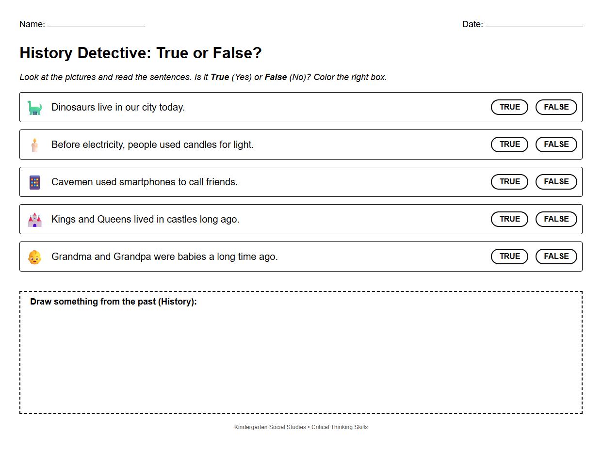 Critical Thinking Worksheet with True or False Statements on History
