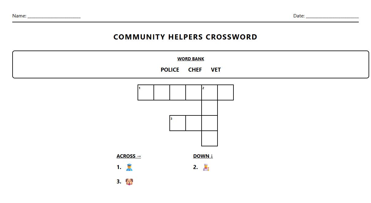 Crossword Worksheet Targeting Community Helpers with Word Banks