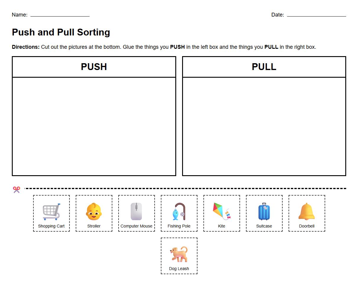 Cut and Paste Matching Worksheet for Push and Pull Forces