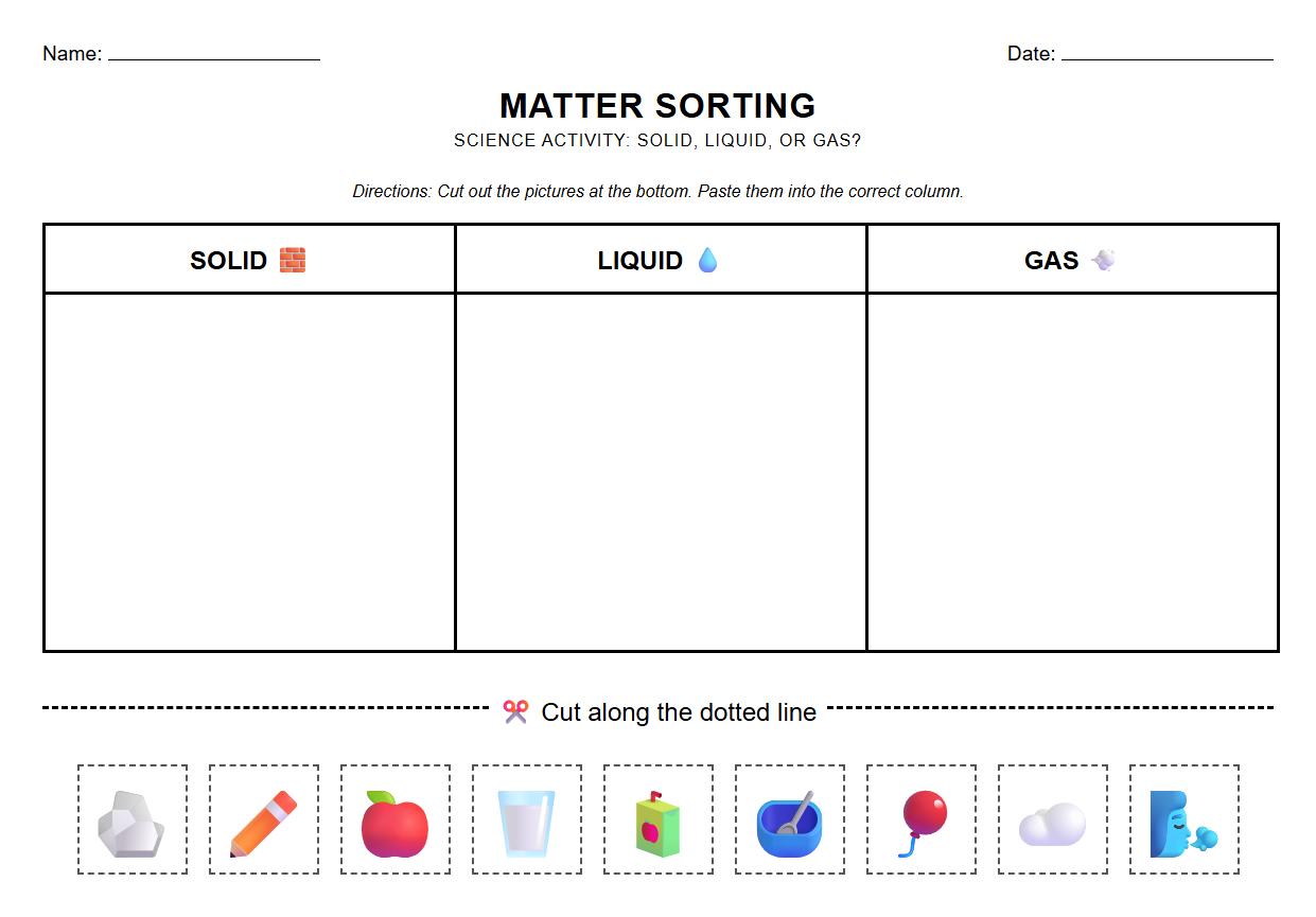 Cut and Paste Matter Sorting Activity for Young Learners