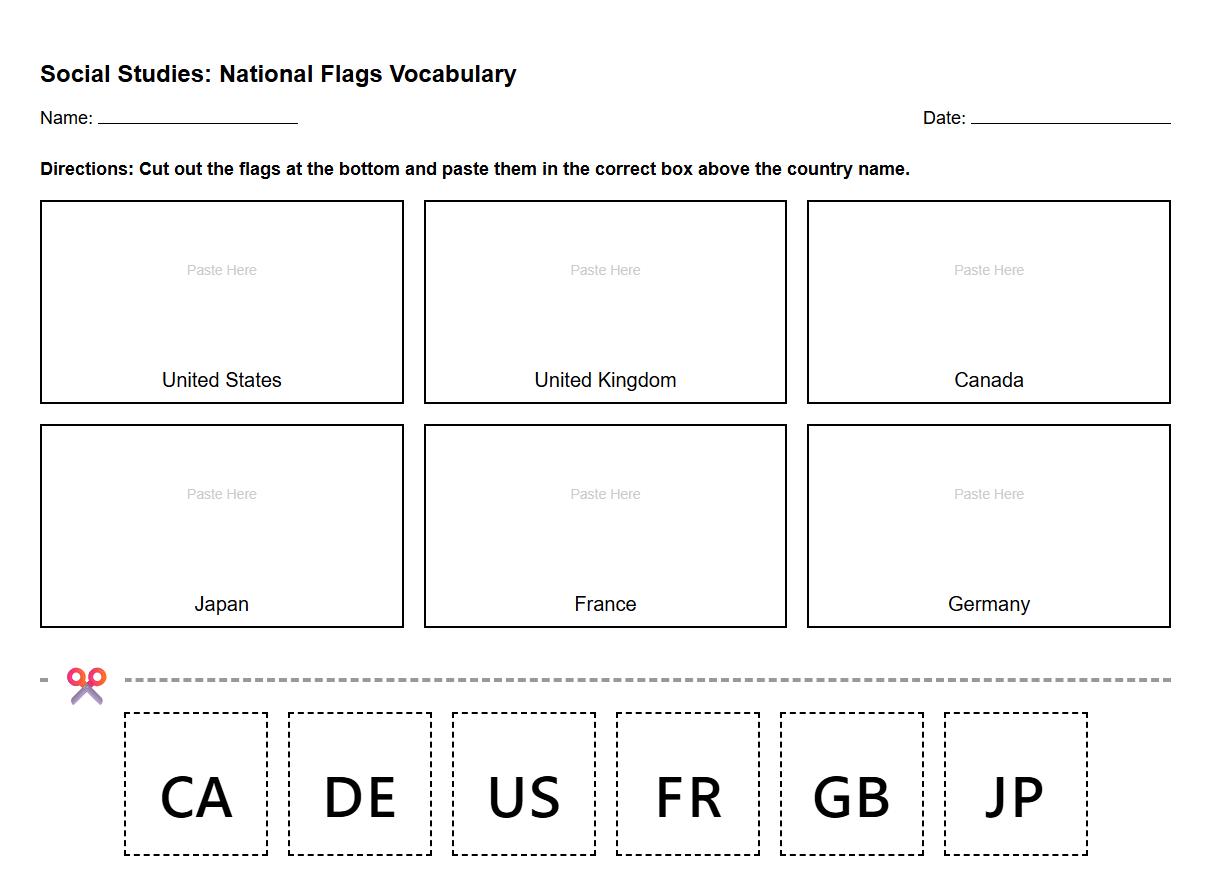 Cut and Paste National Flags Vocabulary Worksheet