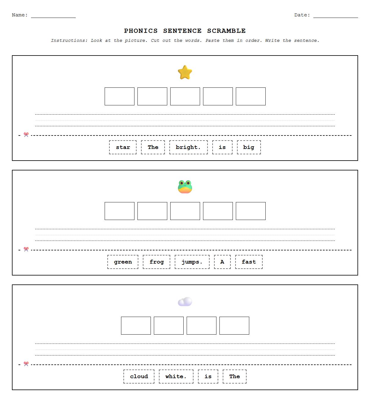 Cut and Paste Sentence Scramble Worksheet using Phonics Blends