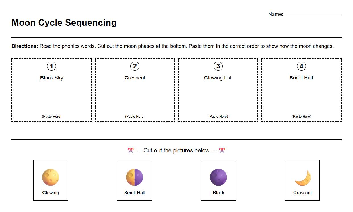 Cut and Paste Sequencing Worksheet for Moon Cycle Using Phonics Blends
