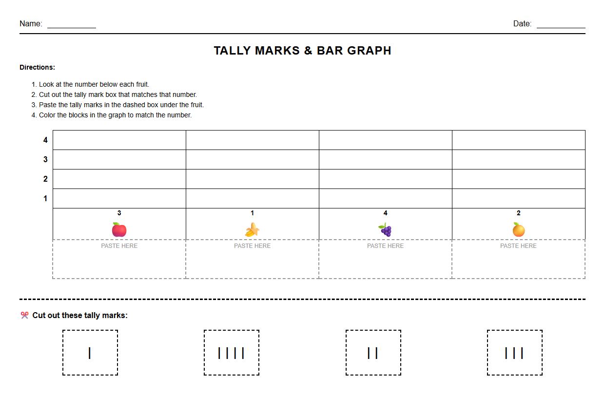 Cut and Paste Tally Marks to Bar Graph Worksheet