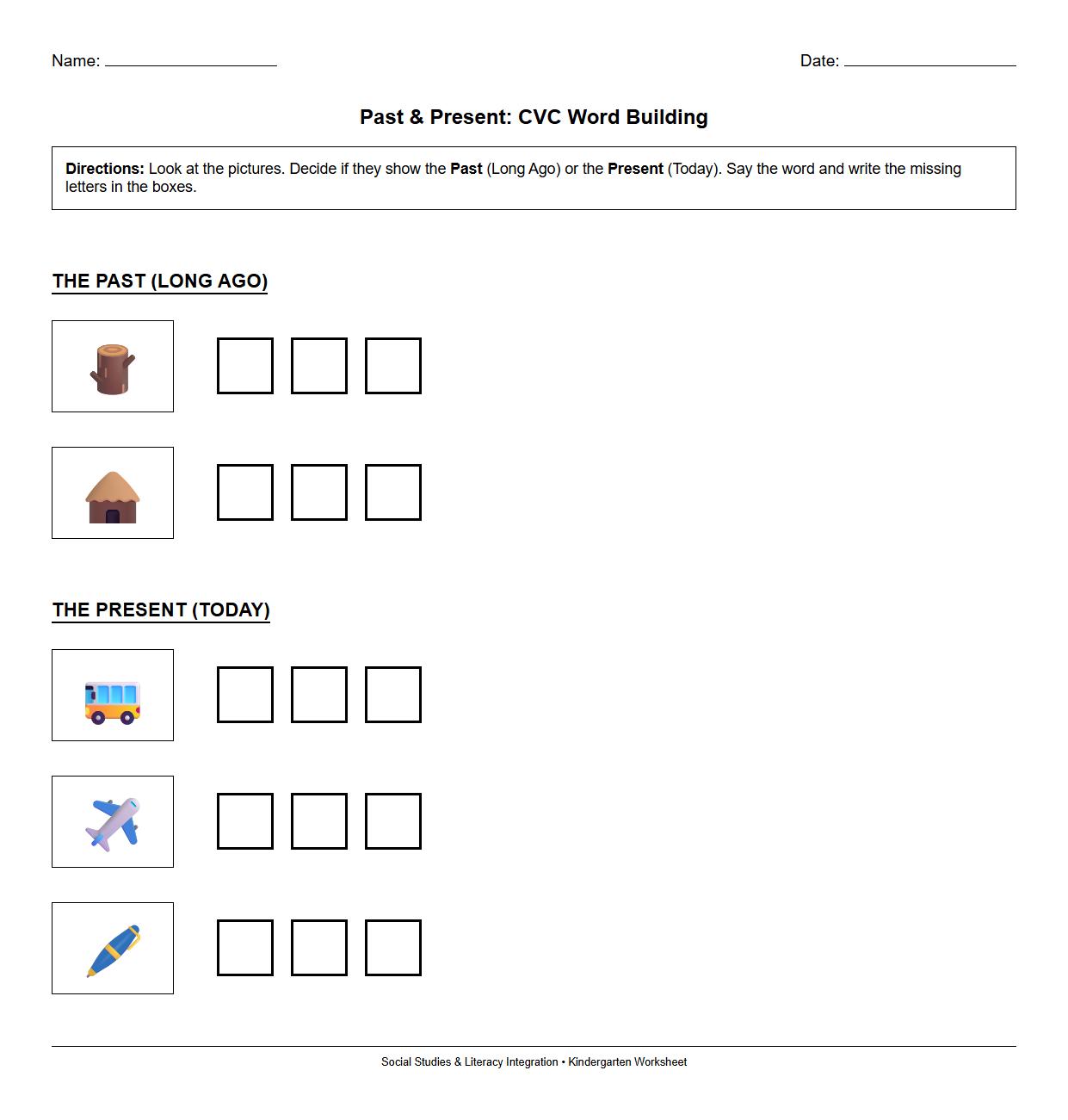 CVC Word Building from Past and Present Scenes Worksheet