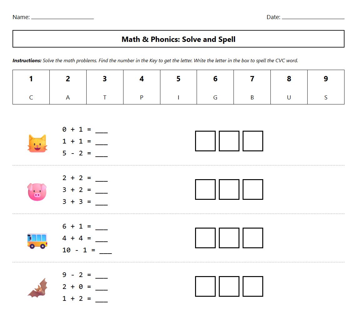 CVC word building and phonics blending worksheet