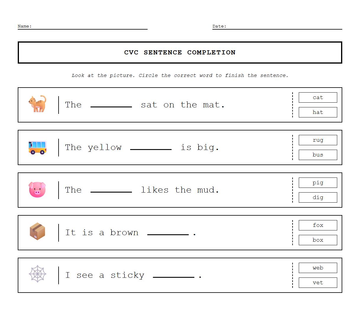 CVC Word Family Sentence Completion Sheet